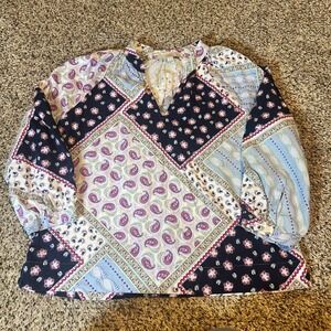 LOFT Patchwork Paisley Floral Print V Neck Blouse Women Size M